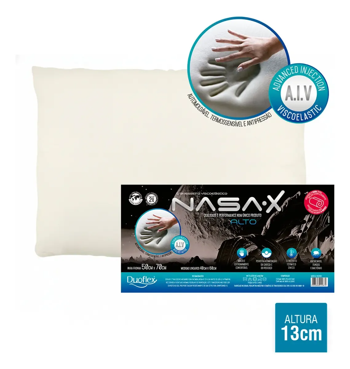 Travesseiro Duoflex Nasa Alto Viscoelástico Confort Cor Bege 50 x 70cm