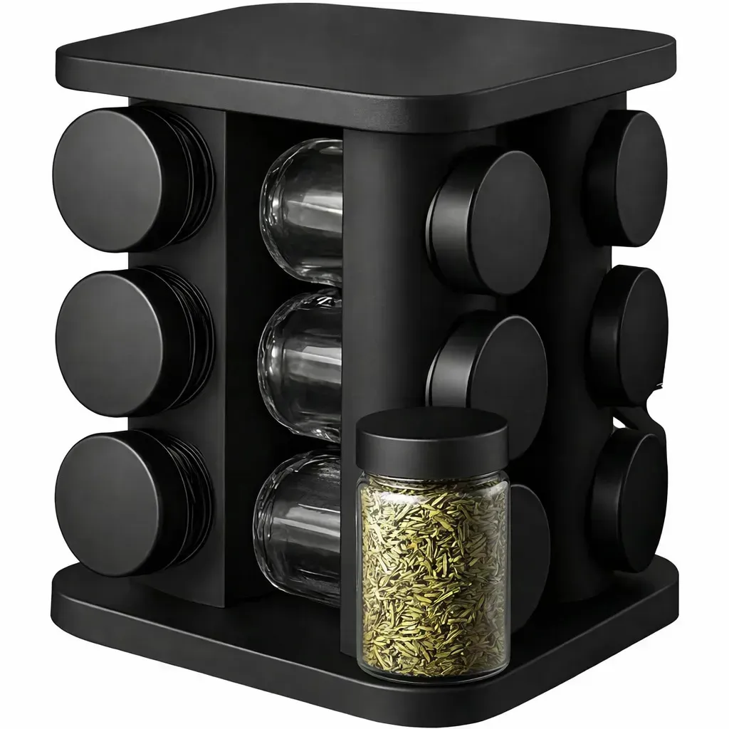 Porta Temperos Giratório 360° 12 Potes Vidro 85ml Tampa Inox Organizador Condimentos Cozinha Suporte Temperos Bancada Mesa Porta Condimento Premium